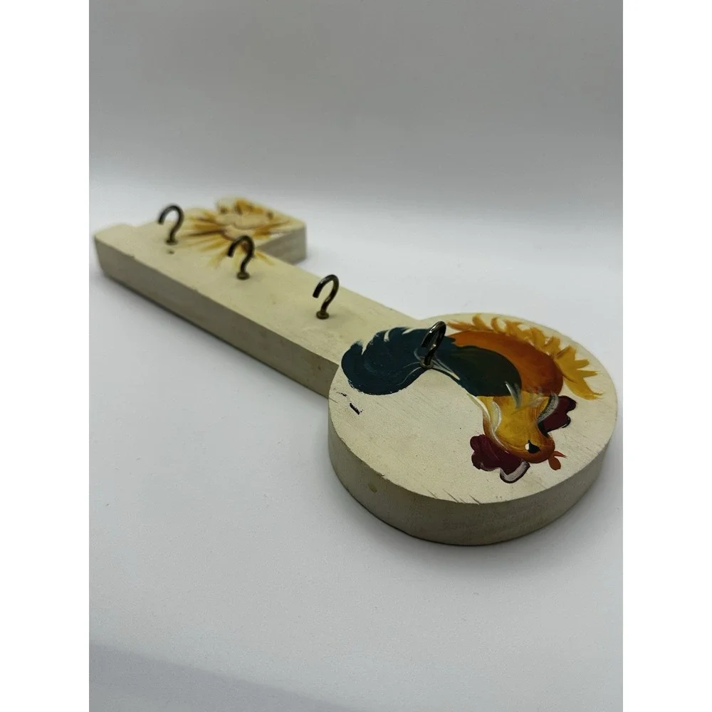 4 Key Holder Wooden Wall Mount Hand Painted Rooster Chicken Cottage Core Country